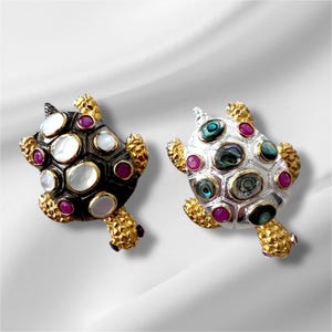 Elegant Mother of Pearl and Ruby Turtle Brooch in Sterling Silver – Handmade Sea Turtle Jewelry – Unique Animal Brooch Gift for Her