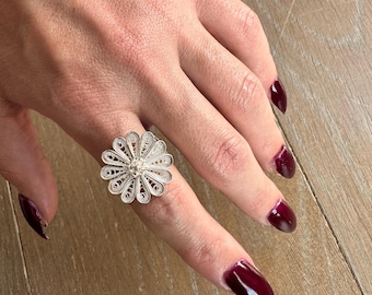 Silver Filigree Floral Ring, Turkish Telkari Flower Design, Ottoman Boho Jewelry