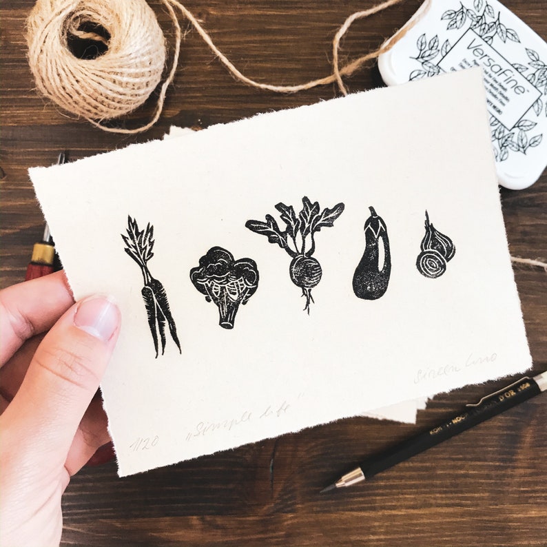 Simple life original limited linocut print veggie