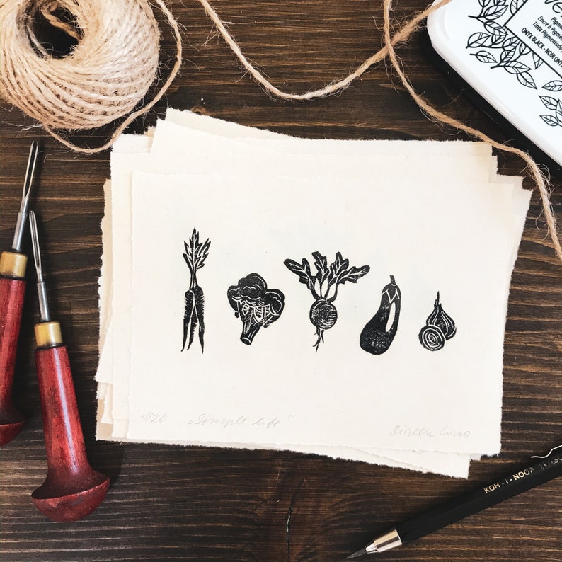 Simple life original limited linocut print veggie