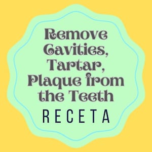 Può includere: Un adesivo circolare verde chiaro e blu con il testo "Remove Cavities, Tartar, Plaque from the Teeth RECETA" in un font retrò.