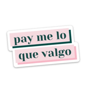 May include: A sticker with the text "pay me lo que valgo" in dark green font, set against a light pink background. The text is divided into two lines, with each line framed by a dark green and light pink border. The sticker has a white border.