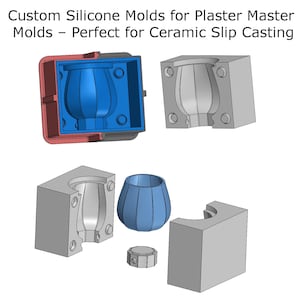 Puede incluir: Dos moldes de silicona para fundición en barbotina, uno abierto y otro cerrado, con un jarrón de cerámica azul dentro del molde abierto. Un jarrón de cerámica azul separado y un molde de yeso gris se muestran a continuación.
