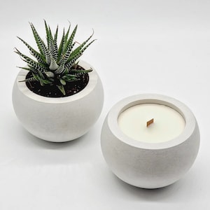May include: Two white concrete planters, one with a small green succulent plant and the other with a white candle and a wooden wick.