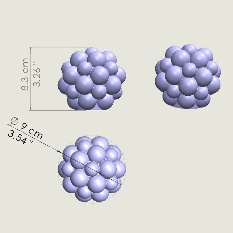 May include: A cluster of 20 small, lavender-colored spheres, arranged in a spherical shape. The sphere is 3.54 inches in diameter and 3.26 inches tall.