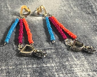 Fiesta Spurs Earrings | San Antonio Basketball Jewelry | Colorful Beaded Dangle Earrings