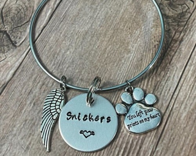 PET LOSS BRACELET, Pet Name Bracelet, Rainbow Bridge dog, Hand Stamped Bangle, Pet Memorial Bangle, Handmade Bracelet