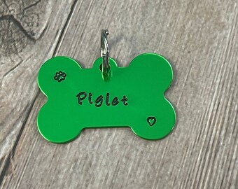 PET NAME TAG, Green dog tag for dogs, personalized bone tag, Dog Id , Pet Id Tag, Hand Stamped Pet Tags