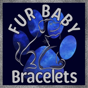 May include: Square graphic with a dark blue background and a silver glitter border. The image features a blue paw print design with a dog and cat silhouette. The words "FUR BABY" are arched above the paw print, and "Bracelets" is below.