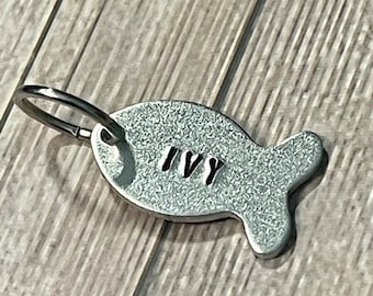Hand Stamped Fish Cat ID Tag: Custom Pet Name Tag