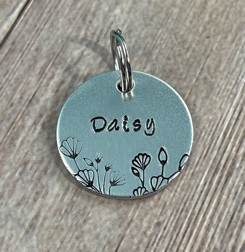 May include: A round, silver-colored pet tag with the name "Daisy" stamped in the center. The tag features a floral design along the bottom edge and includes a silver ring for attachment.