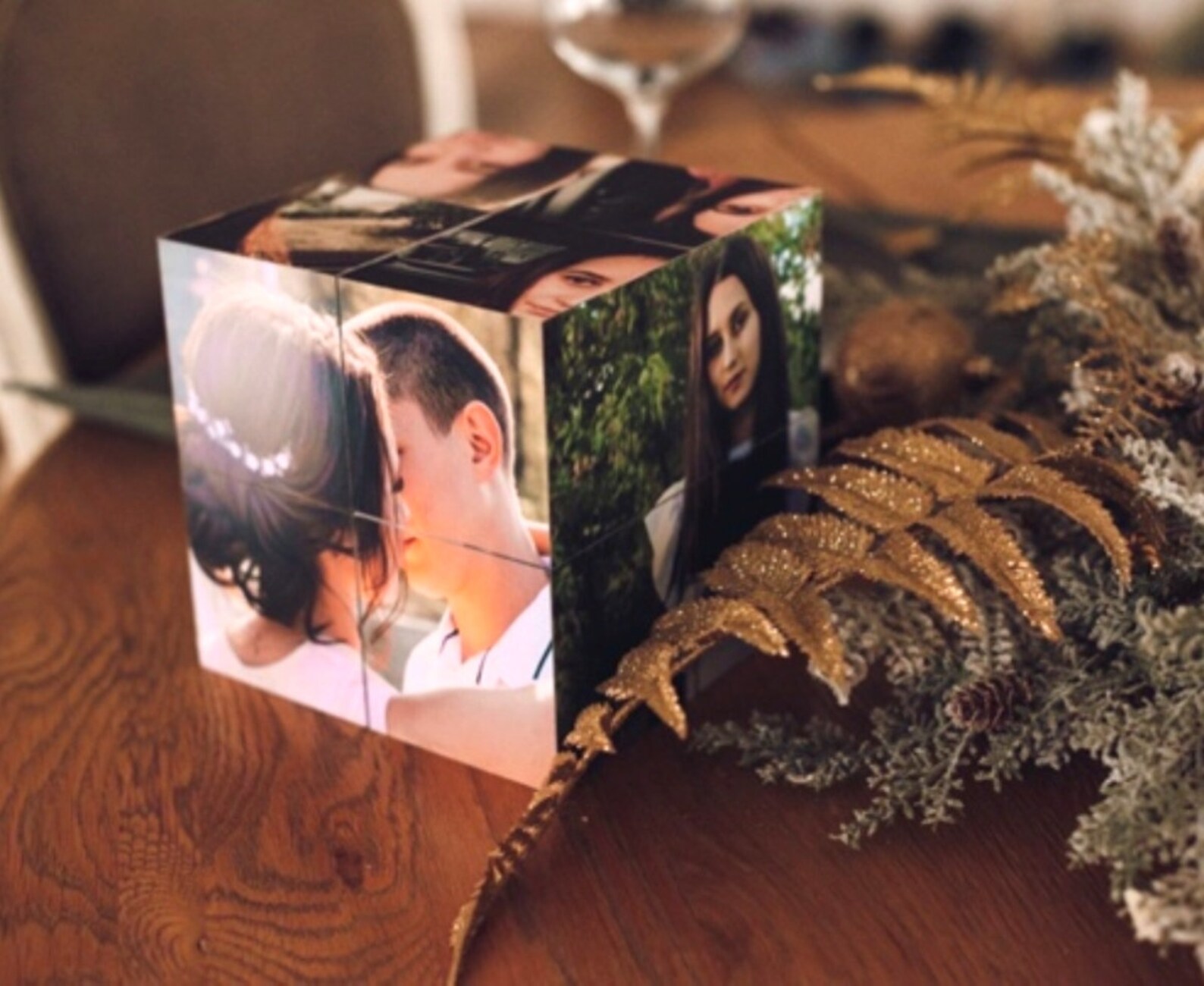 Folding photo cube personalized Wooden cube gift for her