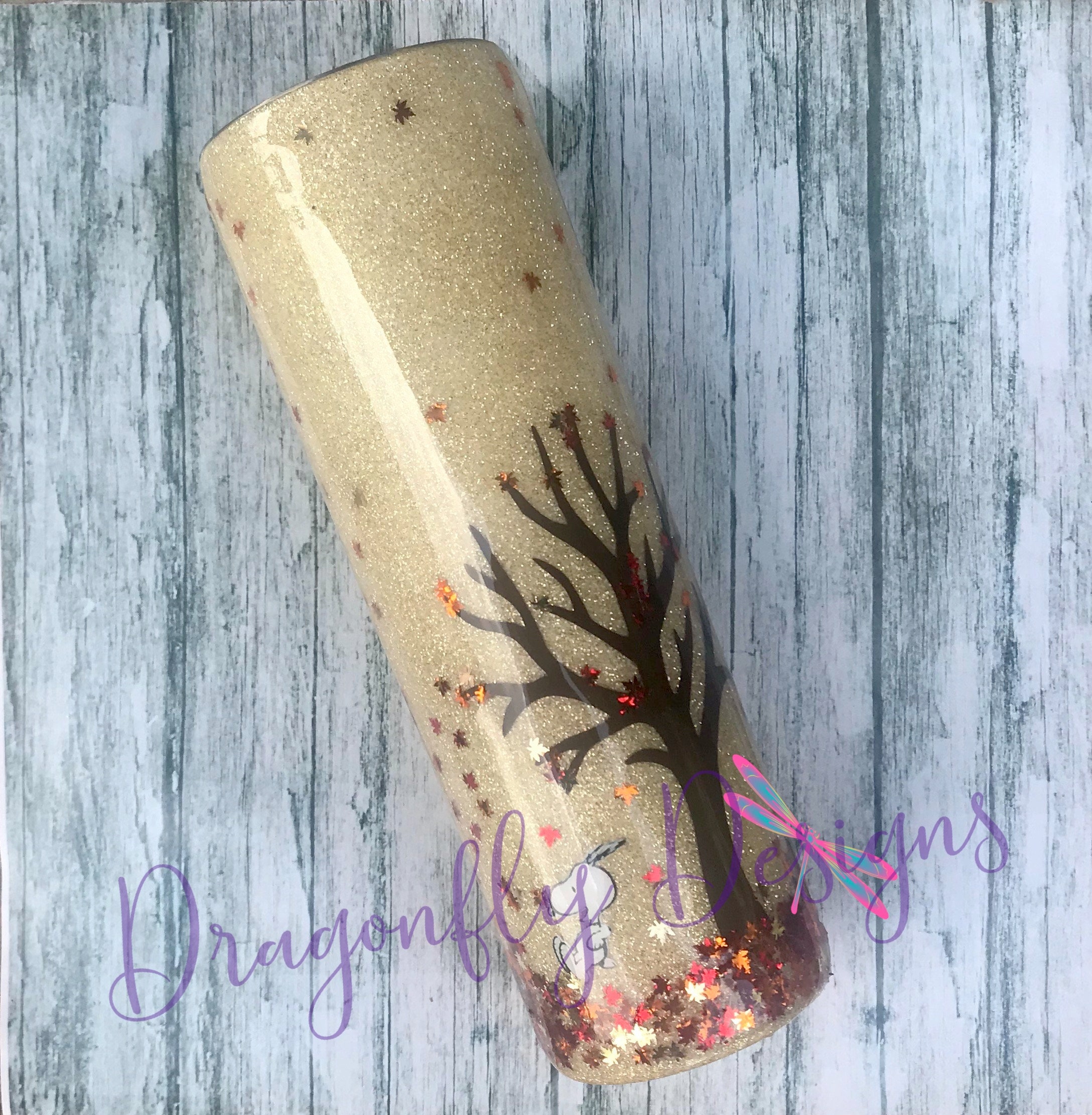 Charlie Brown Snoopy Fall themed Glitter Tumbler