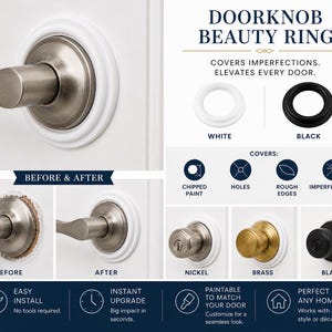May include: A doorknob beauty ring in white, shown installed around a silver doorknob. The image includes text that reads "Covers Imperfections. Elevates Every Door." and "Before & After". Additional rings are shown in black.