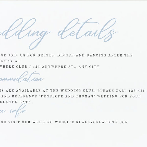 Personalized blue and white elegant downloadable canva wedding details card template affordable bride 2024 2025 matching set