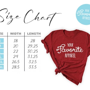 May include: A red t-shirt with the text "Your Favorite Apparel" in white script. A size chart shows measurements in inches for sizes S to XXXL. A light blue circle with the same text is in the upper right corner.