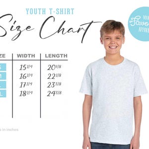 May include: A light gray youth t-shirt with a size chart. The chart lists sizes S to XL, with corresponding width and length measurements in inches. The text "Your Favorite Apparel" is in a blue circle.