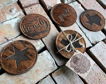 Cowhide and Leather Coasters -Set of 4- MADE IN TEXAS!!