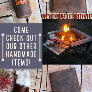 May include: A collage of four images showcasing handmade leather goods. The top left image shows a brown leather can cooler with the name "MAT" embossed on it. The top right image shows a brown leather laptop sleeve with the text "LEATHER LAPTOP SLEEVES". The bottom left image shows a pair of brown and white cowhide boots with a faux fur cuff. The bottom right image shows a brown leather journal with the initials "DBV" embossed on it. The text "COME CHECK OUT OUR OTHER HANDMADE ITEMS!" is displayed in the center of the collage.