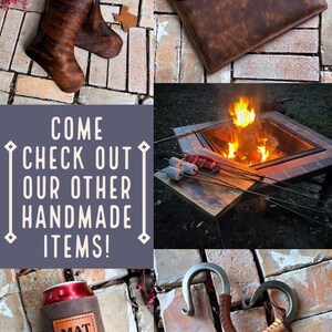 May include: A collage of handmade leather goods, including a pair of cowhide boots, a leather laptop sleeve, a leather can cooler, and a set of leather-wrapped fire pokers. The text "COME CHECK OUT OUR OTHER HANDMADE ITEMS!" is displayed in the center of the image.