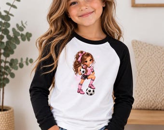 T-shirt de football à manches longues pour fille, haut raglan rose, vêtements de football pour enfants, cadeau d'anniversaire pour petite footballeuse