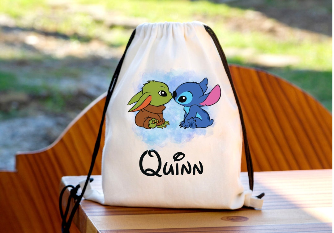 Personalised Baby Yoda & Stitch Kiss Drawstring Bag. Disney Bag, Kids