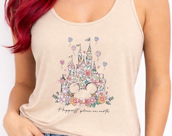Camiseta sin mangas de Disney "El lugar más feliz del mundo", camiseta sin mangas de Disney para mujer, atuendo de Disney World, camiseta navideña de Disney, atuendo de parque temático.