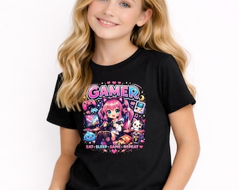 Kids Pink Anime Gamer Girl T-Shirt, Kids Graphic T-Shirt, Cute Kids Shirt,  Boys Girls T-Shirt, Gift for Kids,  Unisex Children Clothing