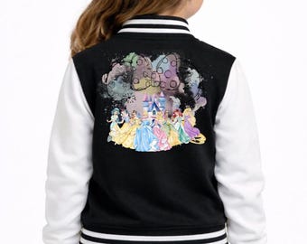 Giacca stile college Disney per bambini con il castello della principessa Minnie, giacca Disney personalizzata per bambini, giacca con simpatici personaggi Disney, regalo Disney per bambini