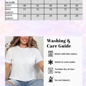 May include: White t-shirt with a size chart and washing instructions. The size chart shows chest, body length, and sleeve length measurements in centimeters for sizes S to XXL. Washing instructions include washing with like colors and tumble drying at low temperatures.