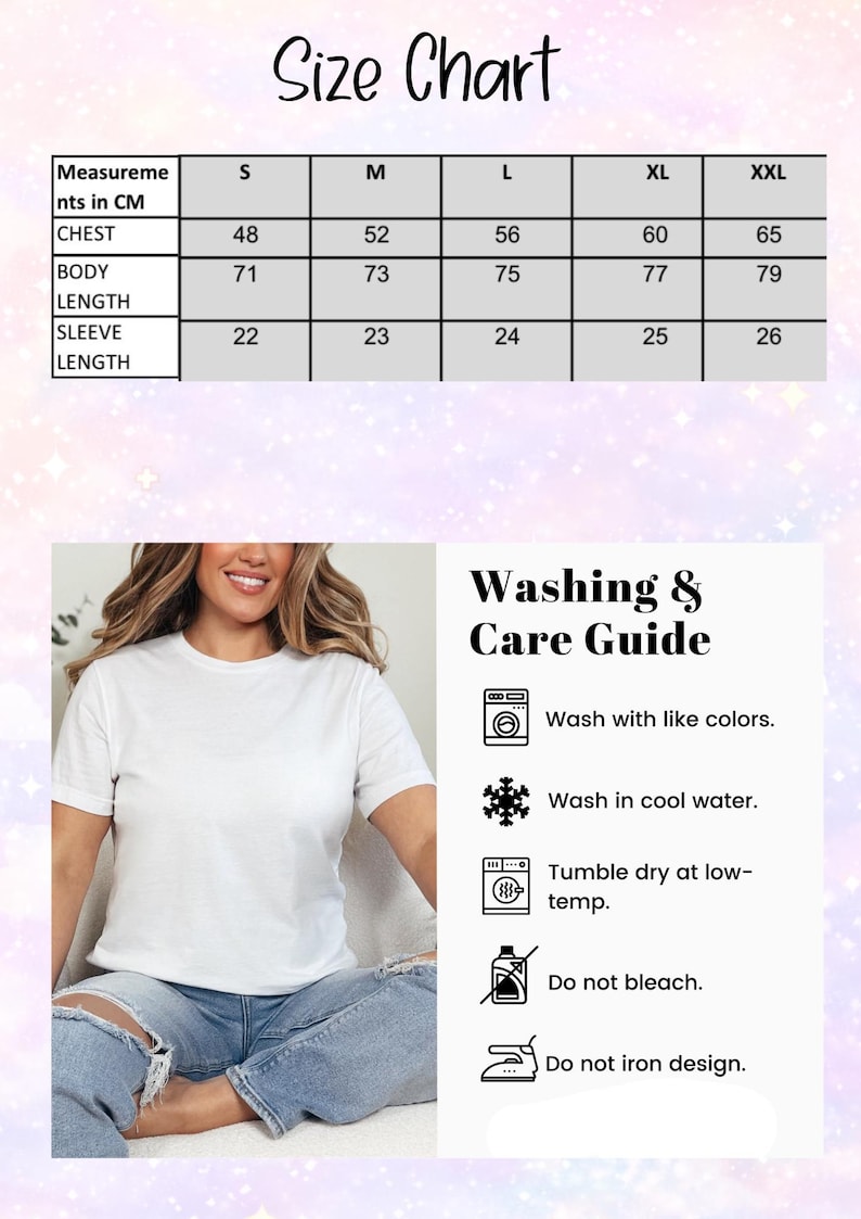 May include: White t-shirt with a size chart and washing instructions. The size chart shows chest, body length, and sleeve length measurements in centimeters for sizes S to XXL. Washing instructions include washing with like colors and tumble drying at low temperatures.