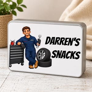Personlig mekaniker-snackburk | Anpassad mekaniker-lunchburk | Bilmekaniker-godislåda | Garagetekniker-present | Fars dag-present