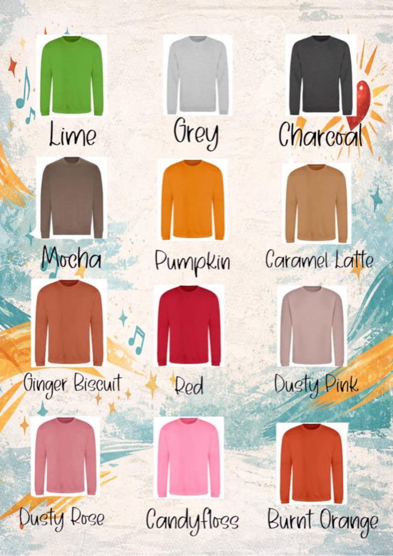Puede incluir: Una colecci&oacute;n de sudaderas de cuello redondo en varios colores, incluyendo lima, gris, carb&oacute;n, moca, calabaza, caf&eacute; con leche de caramelo, galleta de jengibre, rojo, rosa empolvado, rosa polvoriento, algod&oacute;n de az&uacute;car y naranja quemado.