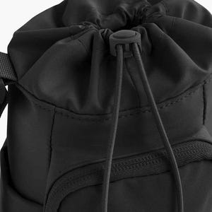 May include: Black drawstring backpack with a zippered front pocket. The bag has a rounded top with a drawstring closure and a black plastic toggle. The bag is made of a smooth, matte fabric.