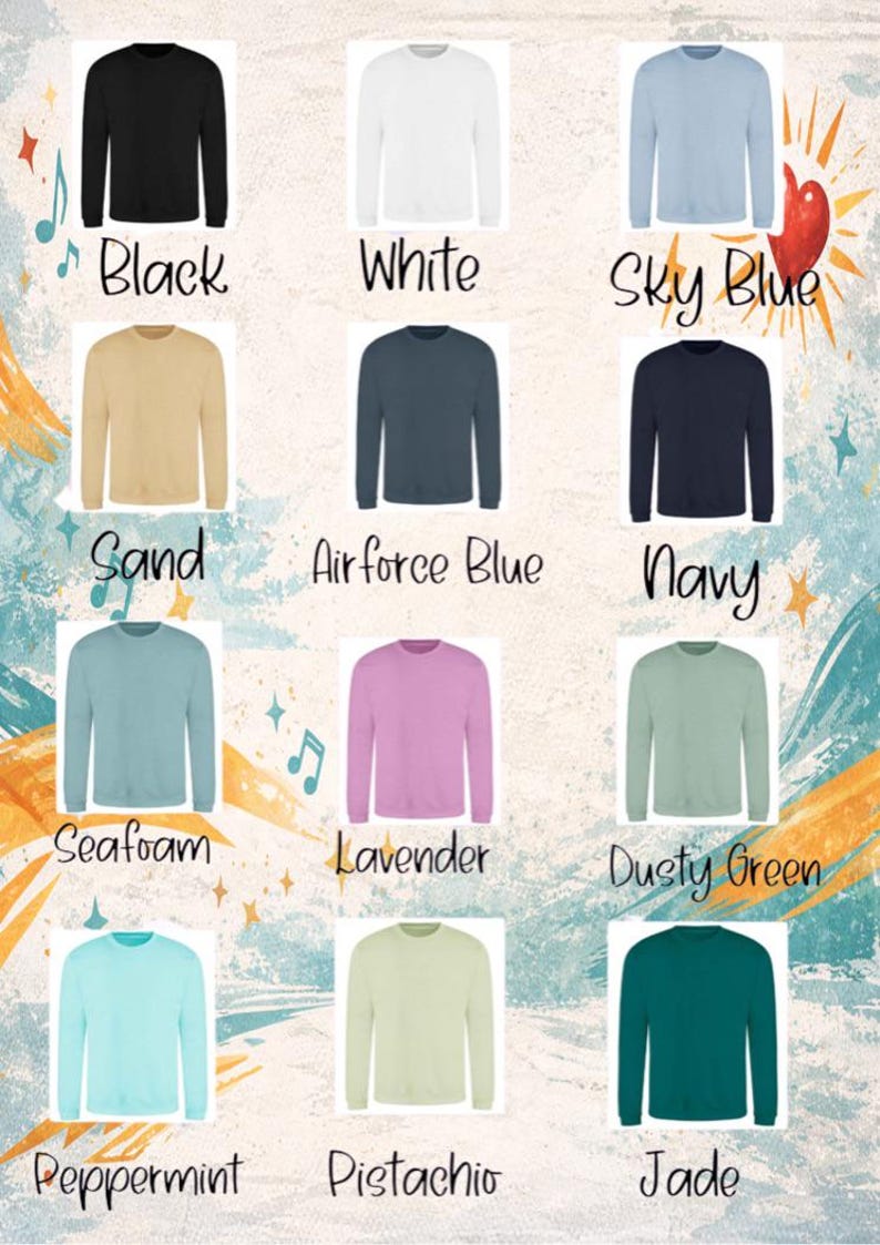 Puede incluir: Una colecci&oacute;n de sudaderas de manga larga en varios colores: negro, blanco, azul cielo, arena, azul marino, marino, espuma de mar, lavanda, verde polvoriento, menta, pistacho y jade. Cada sudadera se muestra con su nombre de color.