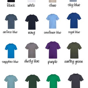 May include: A collection of short-sleeved t-shirts in various colors, including black, white, stone, sky blue, airforce blue, navy, cornflower blue, royal blue, sapphire blue, dusty lilac, purple, earthy green, seaform, bottle green, kelly green, and charcoal.