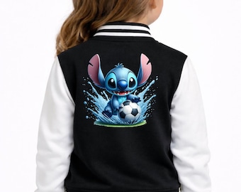 Chaqueta universitaria infantil Disney con diseño de Stitch futbolista, chaqueta infantil Disney personalizada, chaqueta con un bonito personaje Disney, regalo Disney para niños