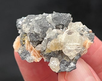 May include: A cluster of gray, white, and pink crystals on a dark gray matrix. The crystals are translucent and have a variety of shapes and sizes.