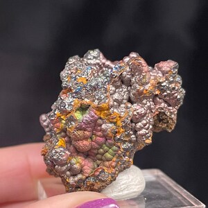 Puede incluir: Un cúmulo de goethita iridiscente con hábito botryoidal. El mineral tiene un brillo metálico con tonos de plata, oro, cobre y morado.