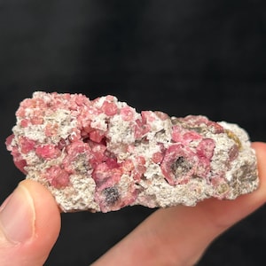 May include: A cluster of pink and white crystals embedded in a gray matrix. The crystals are small and have a rough texture.