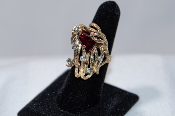 14k Yellow Gold with Diamond and Synthetic Ruby R… - image 1