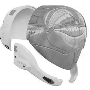 May include: A white helmet with a futuristic design. The helmet is in three pieces, and the top piece is open to reveal the inside. The helmet is made of a smooth, shiny material.