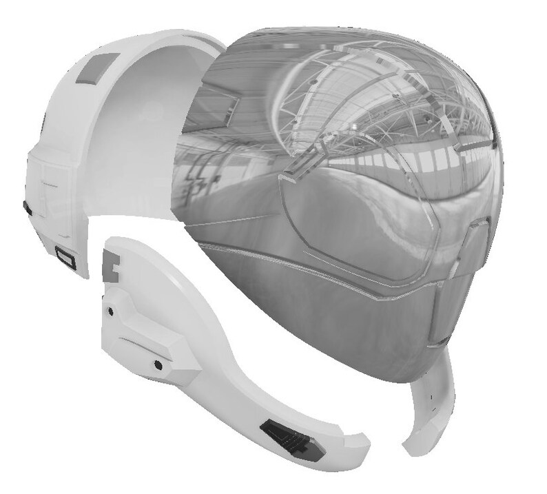 May include: A white helmet with a futuristic design. The helmet is in three pieces, and the top piece is open to reveal the inside. The helmet is made of a smooth, shiny material.