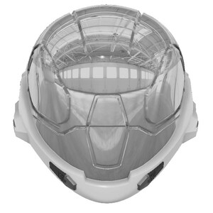 May include: A white helmet with a clear visor and a futuristic design. The visor is made of a clear plastic and has a grid pattern.