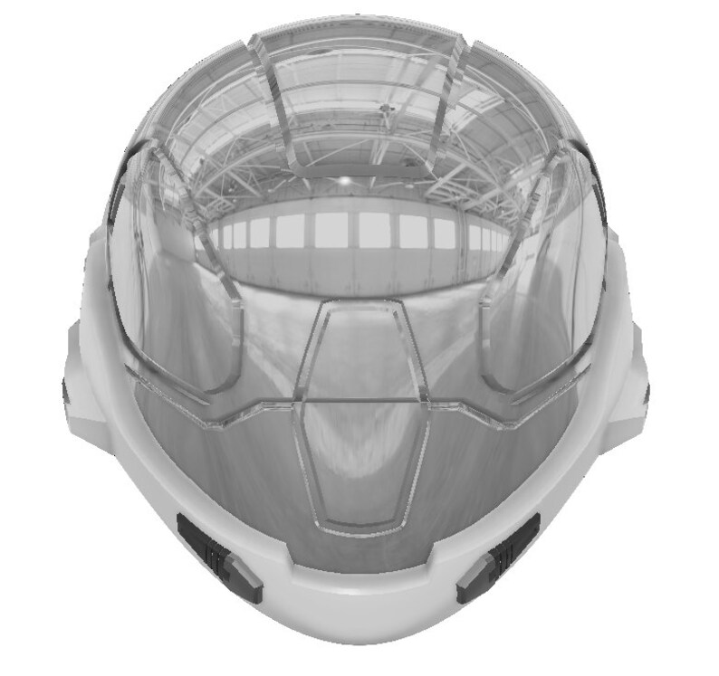 May include: A white helmet with a clear visor and a futuristic design. The visor is made of a clear plastic and has a grid pattern.
