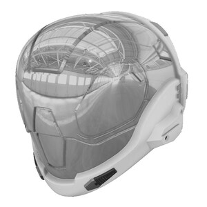 May include: A silver helmet with a visor that reflects a building interior. The helmet has a white base and a black visor.