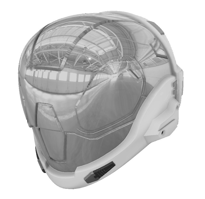 May include: A silver helmet with a visor that reflects a building interior. The helmet has a white base and a black visor.