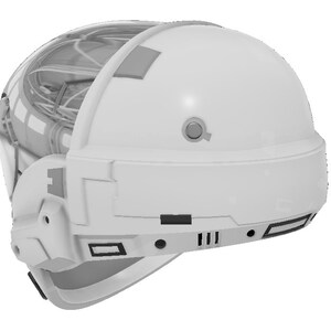 May include: White futuristic helmet with a clear visor and various details. The helmet has a white, smooth surface with a black stripe across the front.