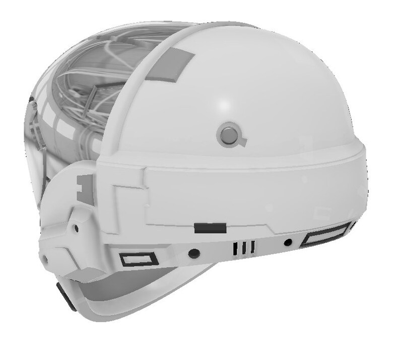May include: White futuristic helmet with a clear visor and various details. The helmet has a white, smooth surface with a black stripe across the front.