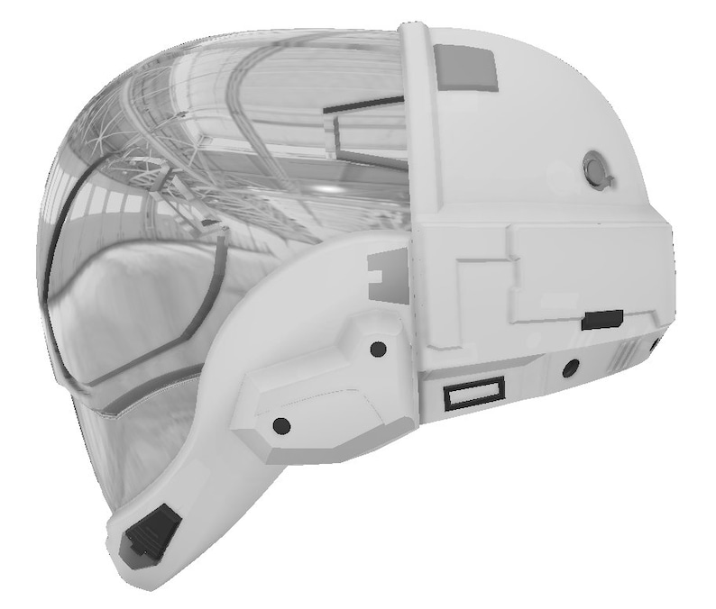May include: A white helmet with a clear visor and several black details. The helmet has a futuristic design.